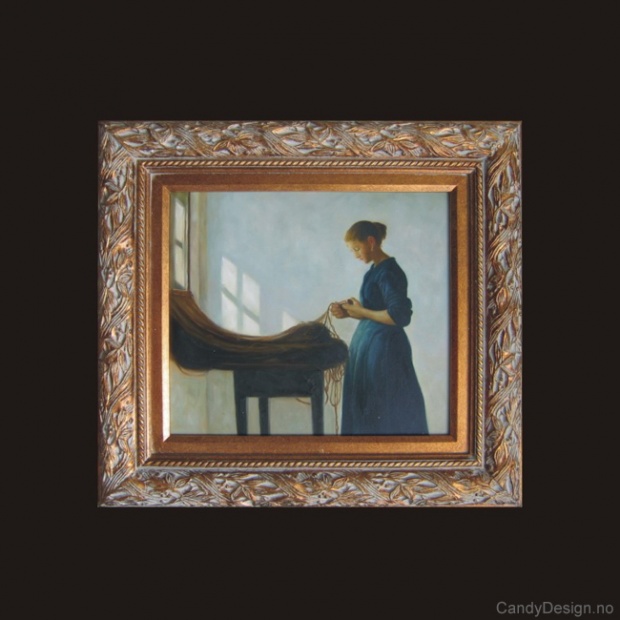 Oljemaleri  Ung Fiskerpige stener Garn