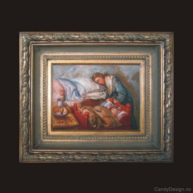 Oljemaleri  Sleeping Mother at Her Child`s Cradle