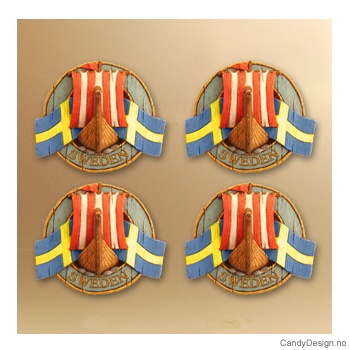 Runde suvenirmagneter med svensk flagg - Vikingskip forfra