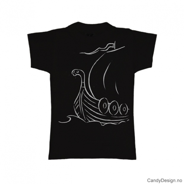 L- Ladies Classic T-shirt black w/white vikingship print       
