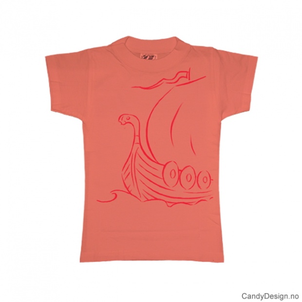 L- Ladies Classic T-shirt peach w/red vikingship print