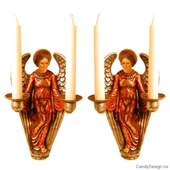 Engel med to lysholdere på vegg - Gull/antikk