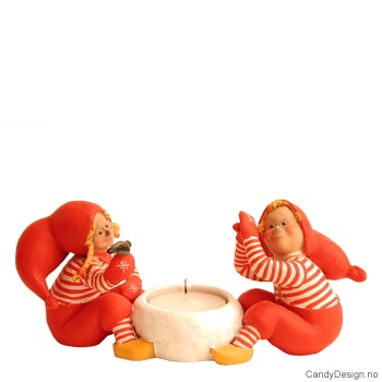 Christmas gnome children with candleholder in snowball in red and white