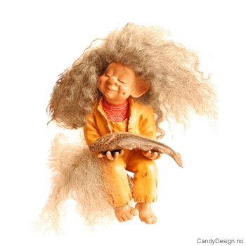 Troll in raingear sitting  Holding a big fish