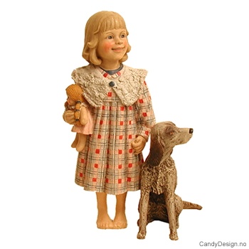 Barn med hund - Pike med rødrutet kjole