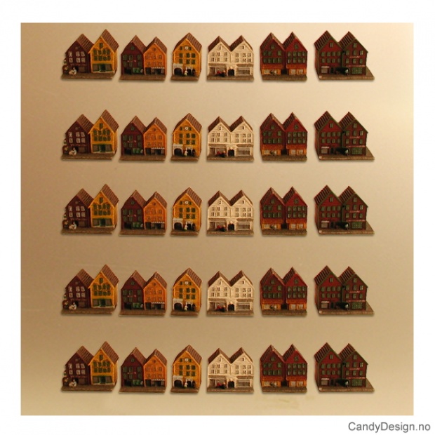 Bryggen i Bergen suvenir magnet - liten med løse hus