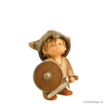 Små forelskede enkle vikingebarn figurer  Viking gutt overlegen med sverd og skjold