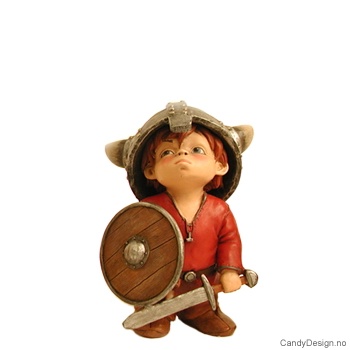 Små forelskede enkle vikingebarn figurer  Vikinggutt med sverd og skjold i rødt