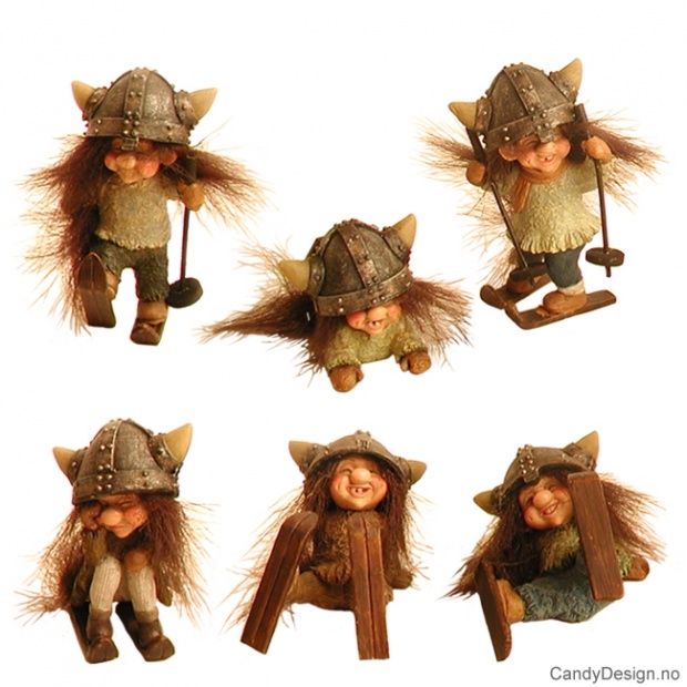 Vikingtrolls with fluffy hair on skis assorted 