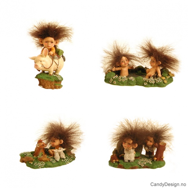 Små tablå med trollbarn - fluffy hår  sommer assortert