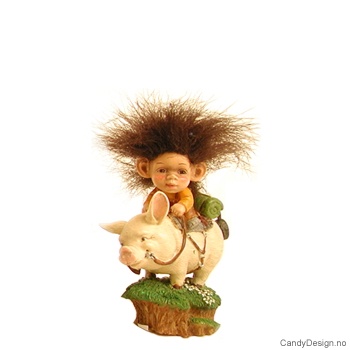 Liten trollgutt på ridende på gris med fluffy hår