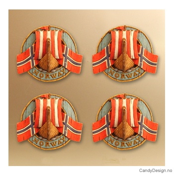 Vikingskip forfra - rund magnet med Norske flagg