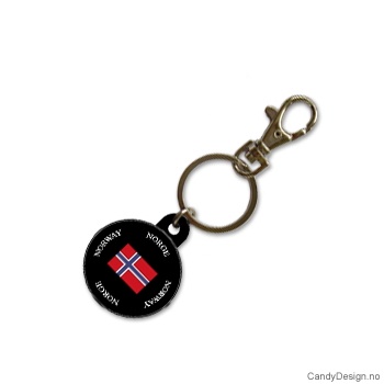 Suvenir nøkkelring i myk PCV - Sort rund med norsk flagg