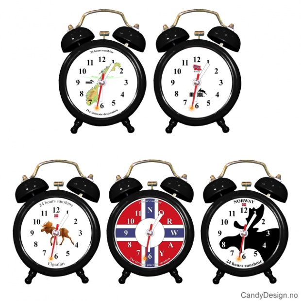 Assorted black alarm clocks with Norwegian motifs