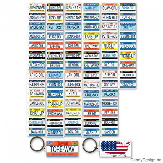 American license plate keychains with boy names - assorted