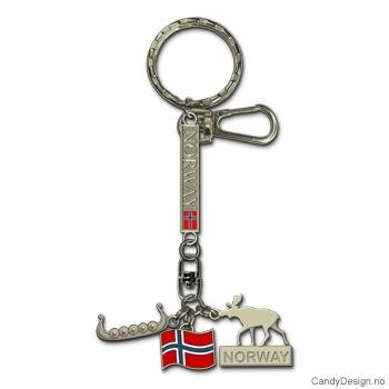Keychain with Norwegian flag, vikingship, moose and Norge