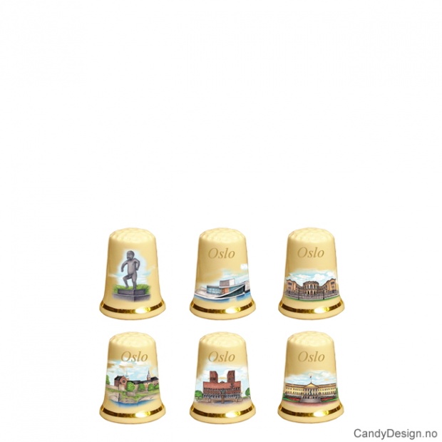 Assorted souvenir thimbles with Oslo motifs