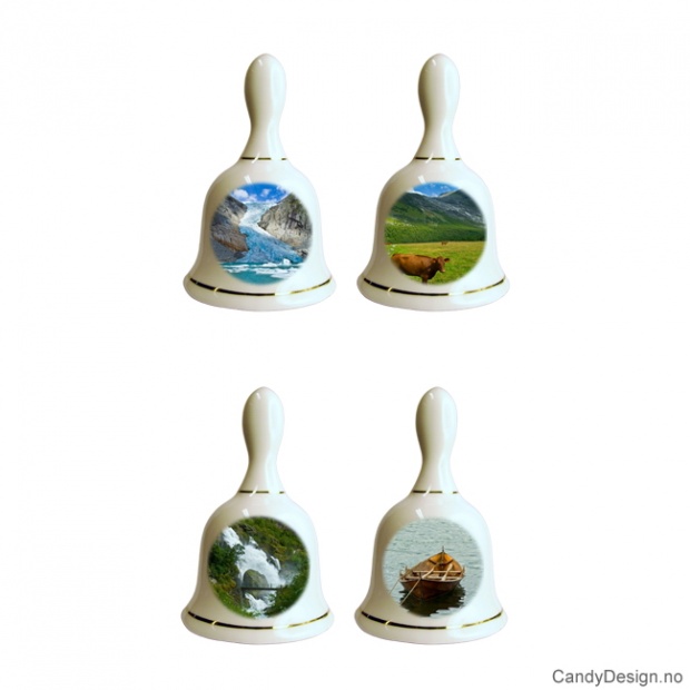 Small souvenir porcelain bells with Norwegian nature motifs - Assorted