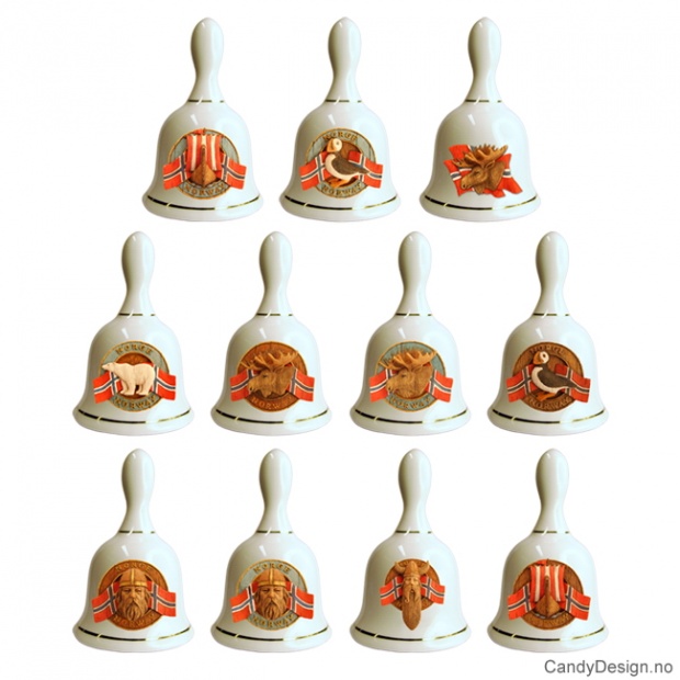 Små suvenir porselen bjeller med viking motiver med mer - Assortert