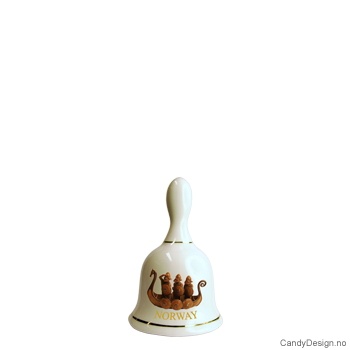 Small souvenir porcelain bell with Norwegian motif  Vikingship with three vikings