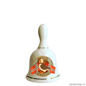 Stor porselen bjelle med Norske flagg og lundefugl motiv 