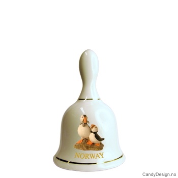 Stor suvenir bjelle i porselen med Norsk motiv  To lundefugler