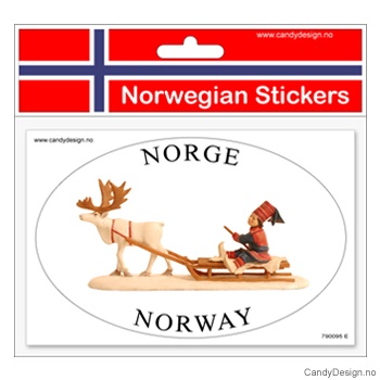 Ovalt klistremerke for bil med same på slede med reinsdyr