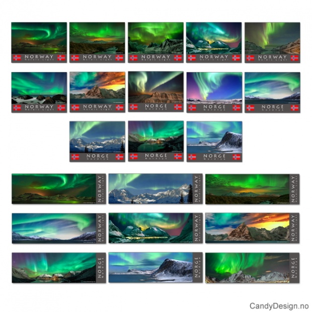 Metal magnets with Norwegian landscape with Northen lights (aurora borealis) assorted, 6 of each