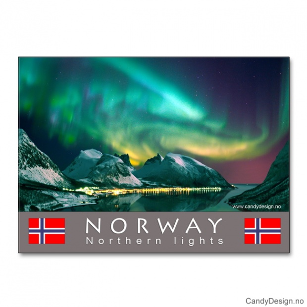 Metallmagnet med Norsk landskap med nordlys (aurora borealis)