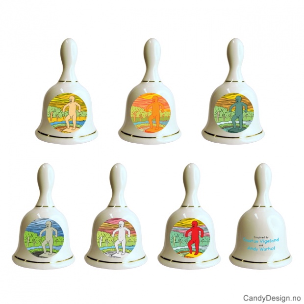 Sinnataggen porcelain bells inspired of Gustav Vigeland og Andy Warhol