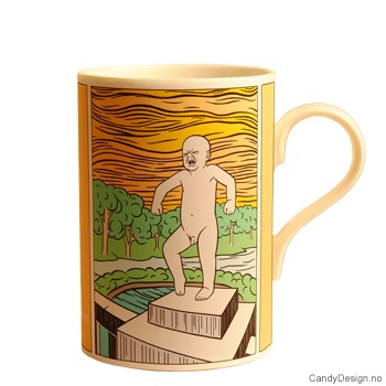 Sinnataggen kopp med motiv inspirert av Gustav Vigeland og Andy Warhol