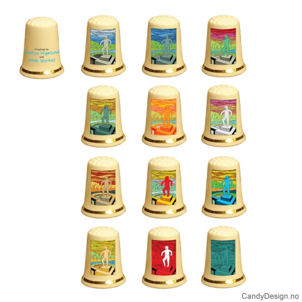 Sinnataggen porcelain thimbles inspired of Gustav Vigeland and Andy Warhol