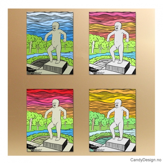 Sinnataggen metallmagneter inspirert av Gustav Vigeland og Andy Warhol