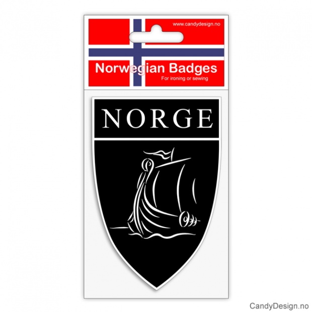 Broderte suvenir jakkemerke med vikingskip og Norge