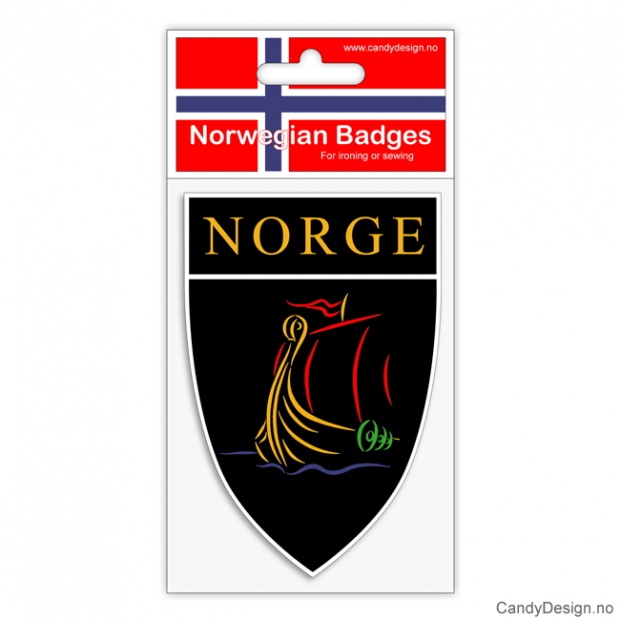 Broderte suvenir jakkemerke med vikingskip i farger og Norge