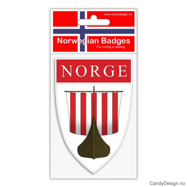 Souvenir badges with vikingship and Norge