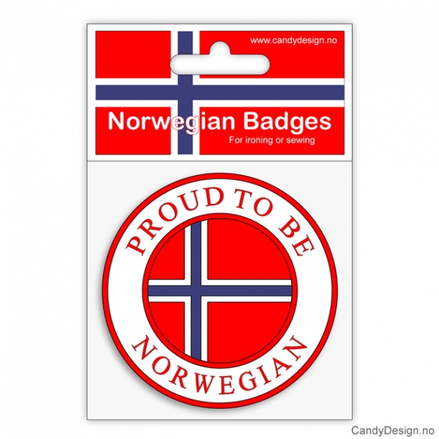 Broderte runde suvenir jakkemerke med Proud to be Norwegian og Norsk flagg